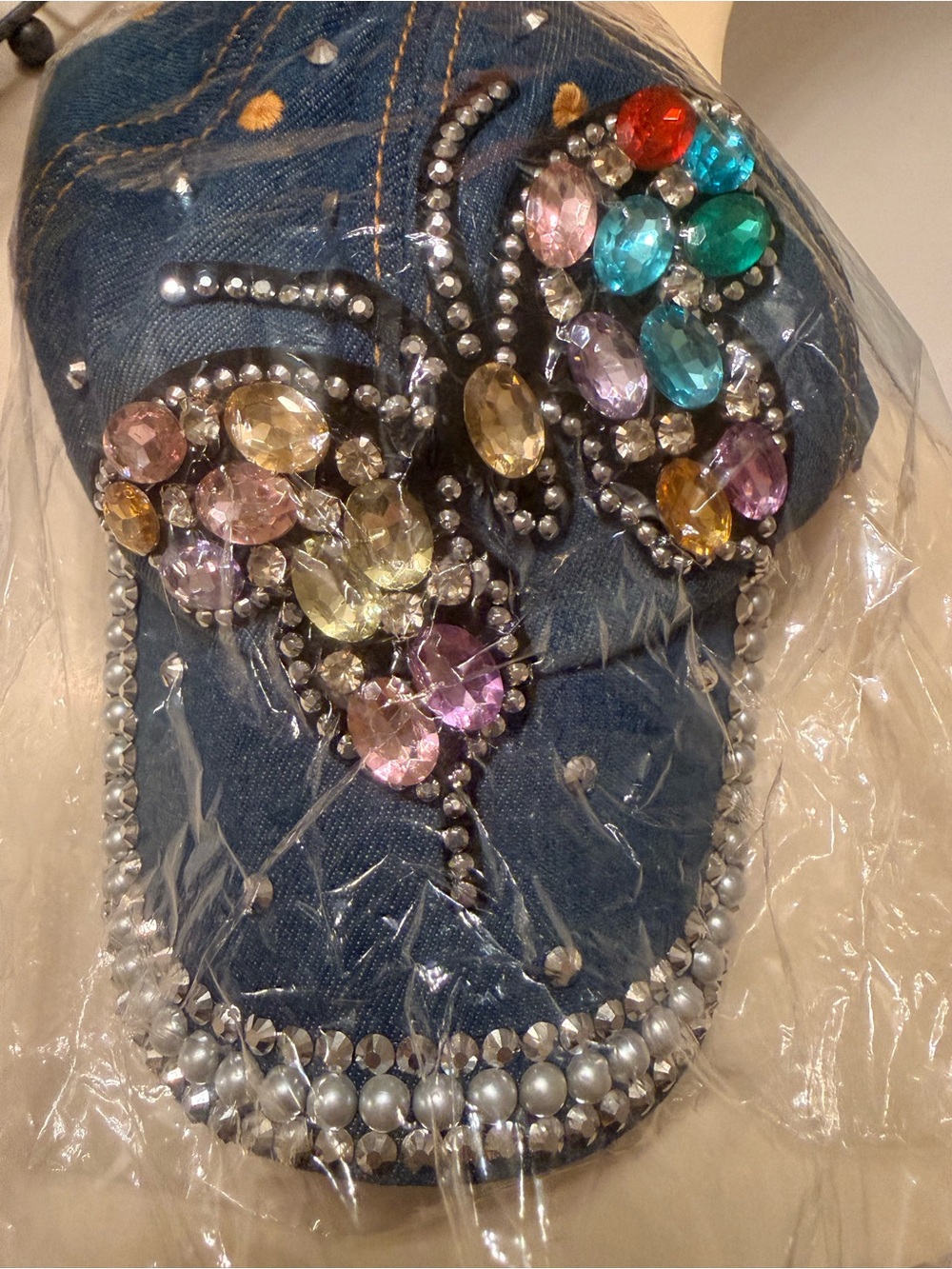 NIB Women’s Denim Butterfly Crystal Cap - Multicolor